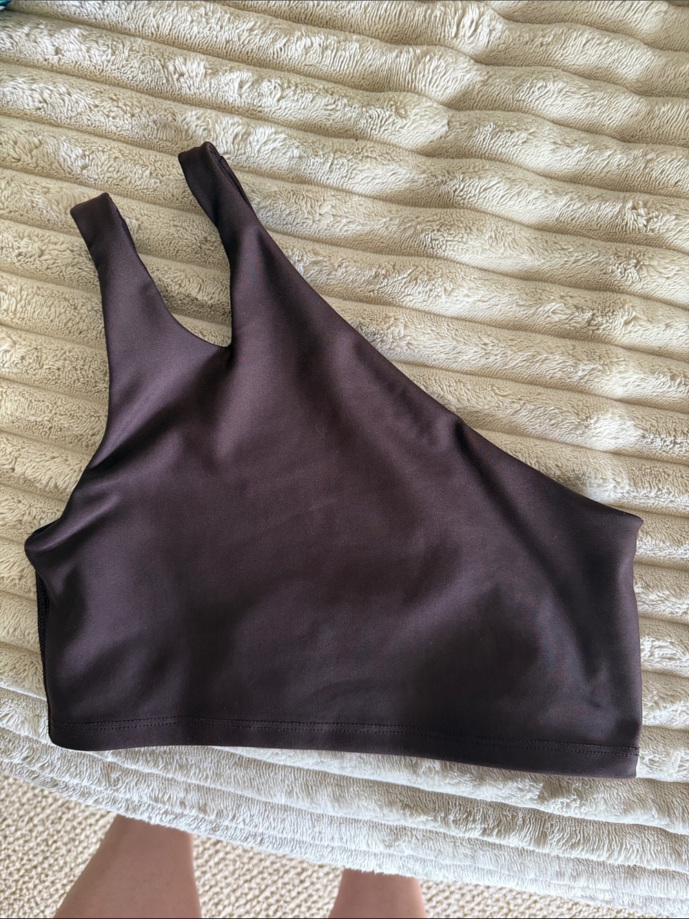 One shoulder Peloton brown sports bra